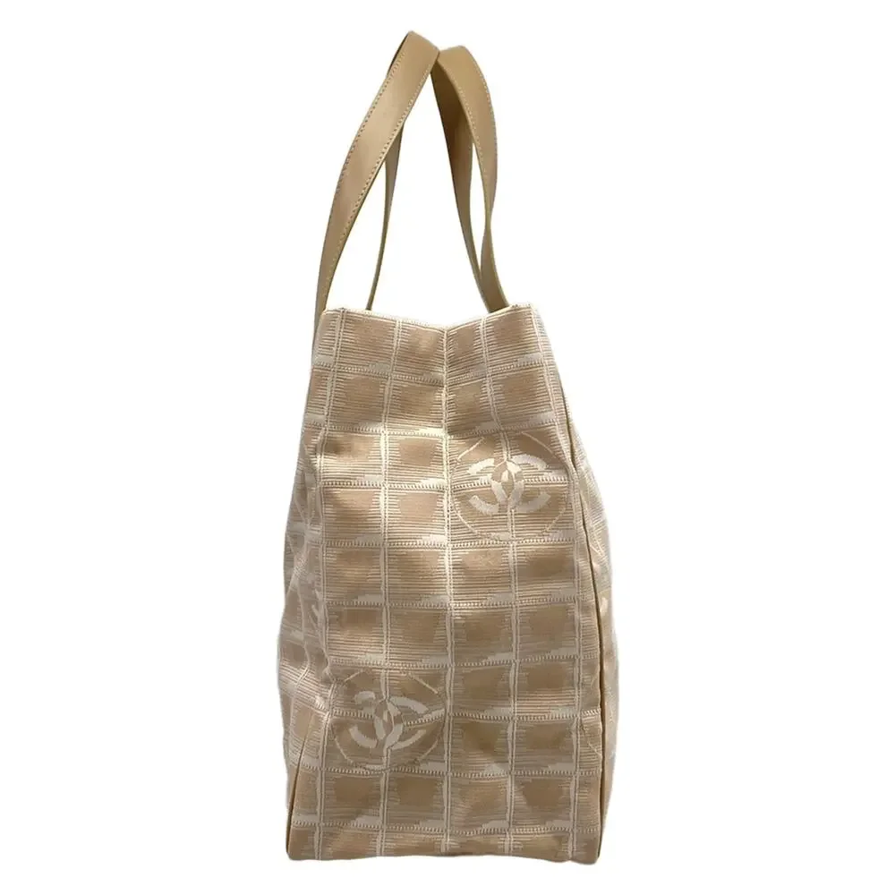 Chanel New Travel Line Tote MM Tote Bag Beige White Nylon Jacquard Leather